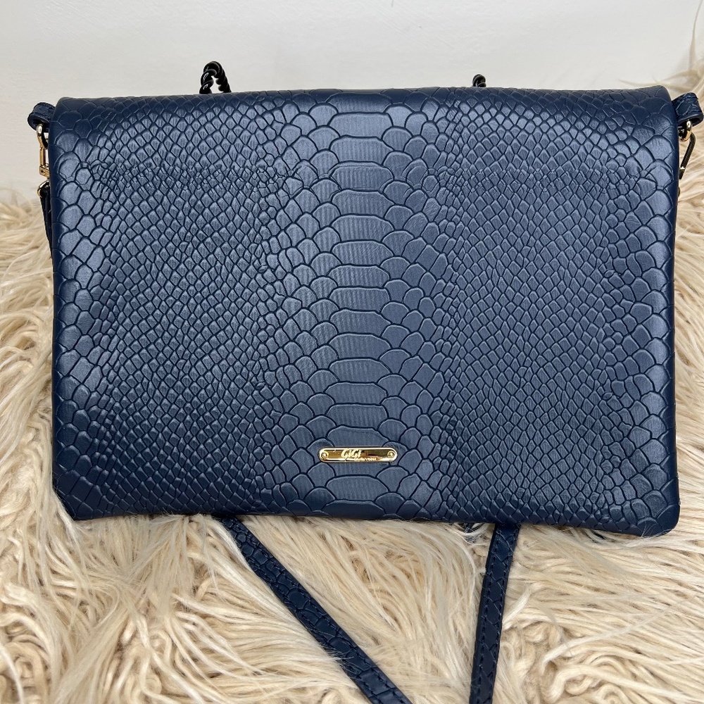 GIGI New York Stella Fold Over Purse Python Emboss Shoulder Clutch Navy Blue